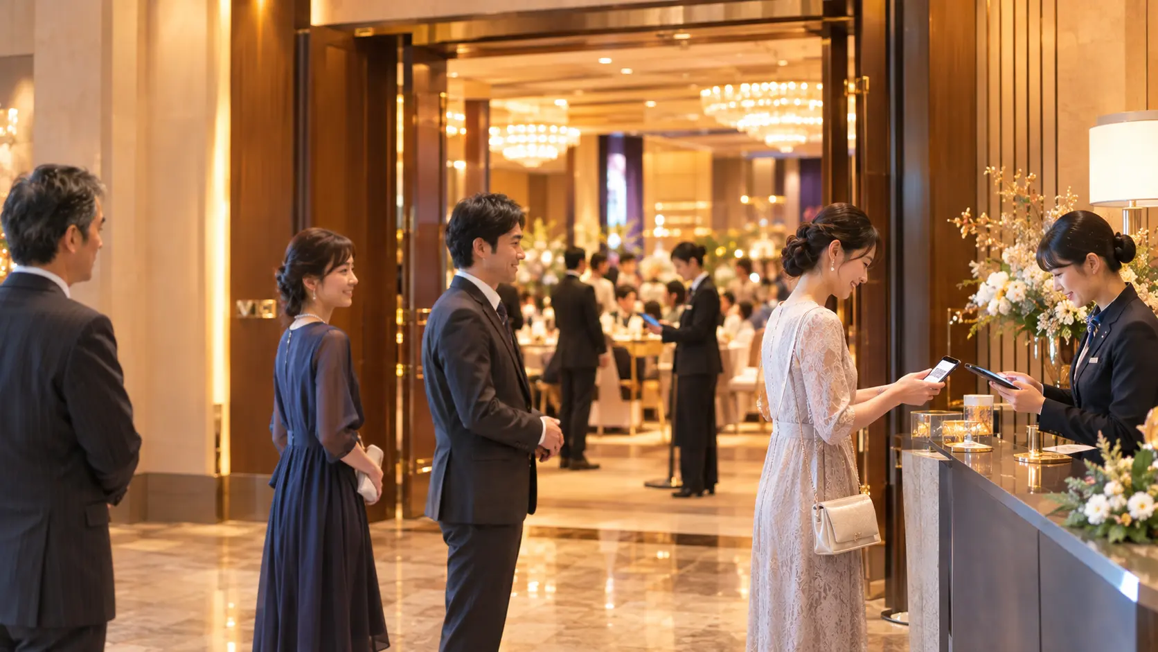 ホテル宴会場の入り口で、ゲストがQRコードをかざして受付する様子