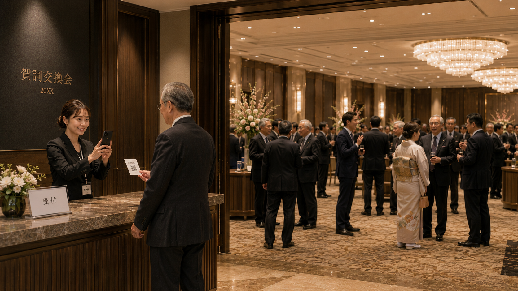 賀詞交換会の会場で受付を待つ参加者と、QRコードでスムーズに受付する様子