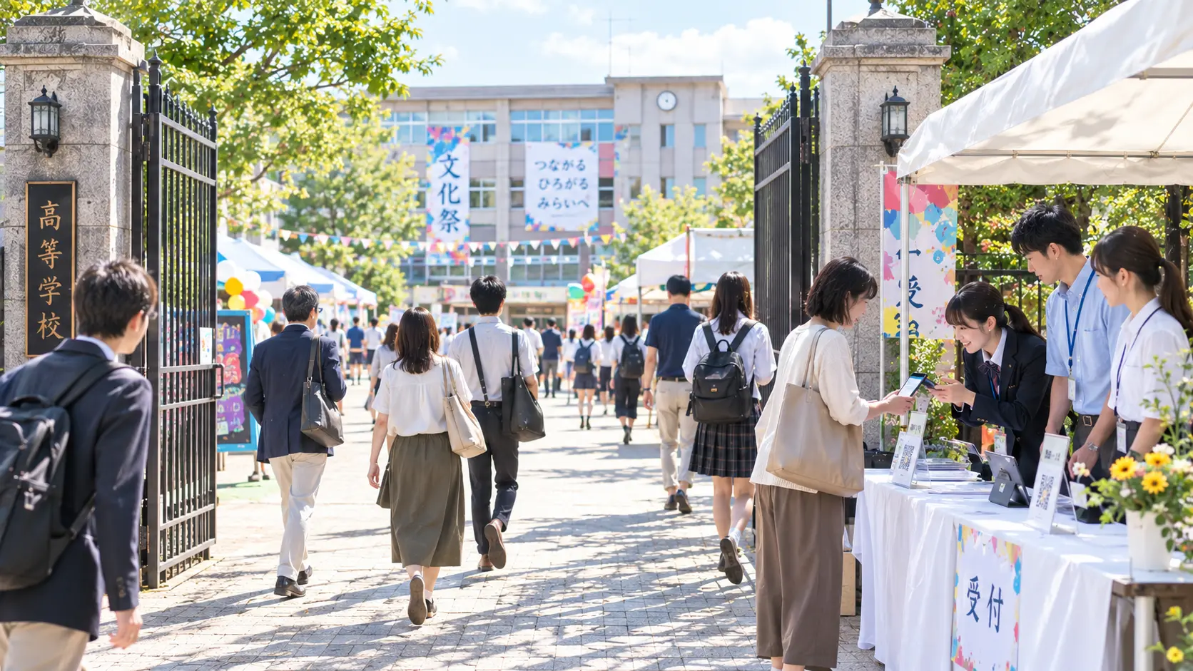 文化祭の受付で、生徒の家族や地域の来場者がスムーズに受付する様子